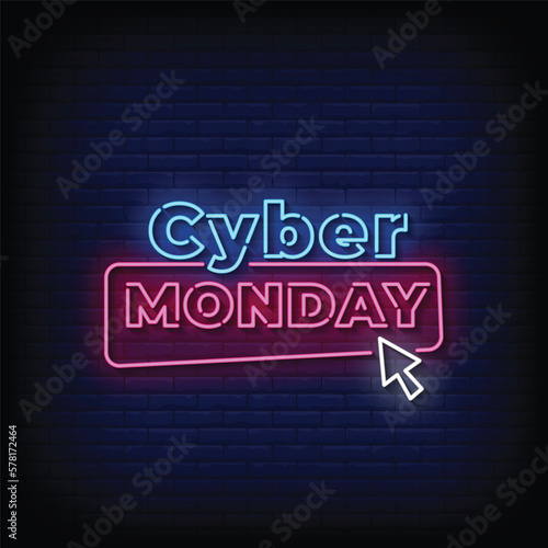 Neon Sign cyber monday with brick wall background vector