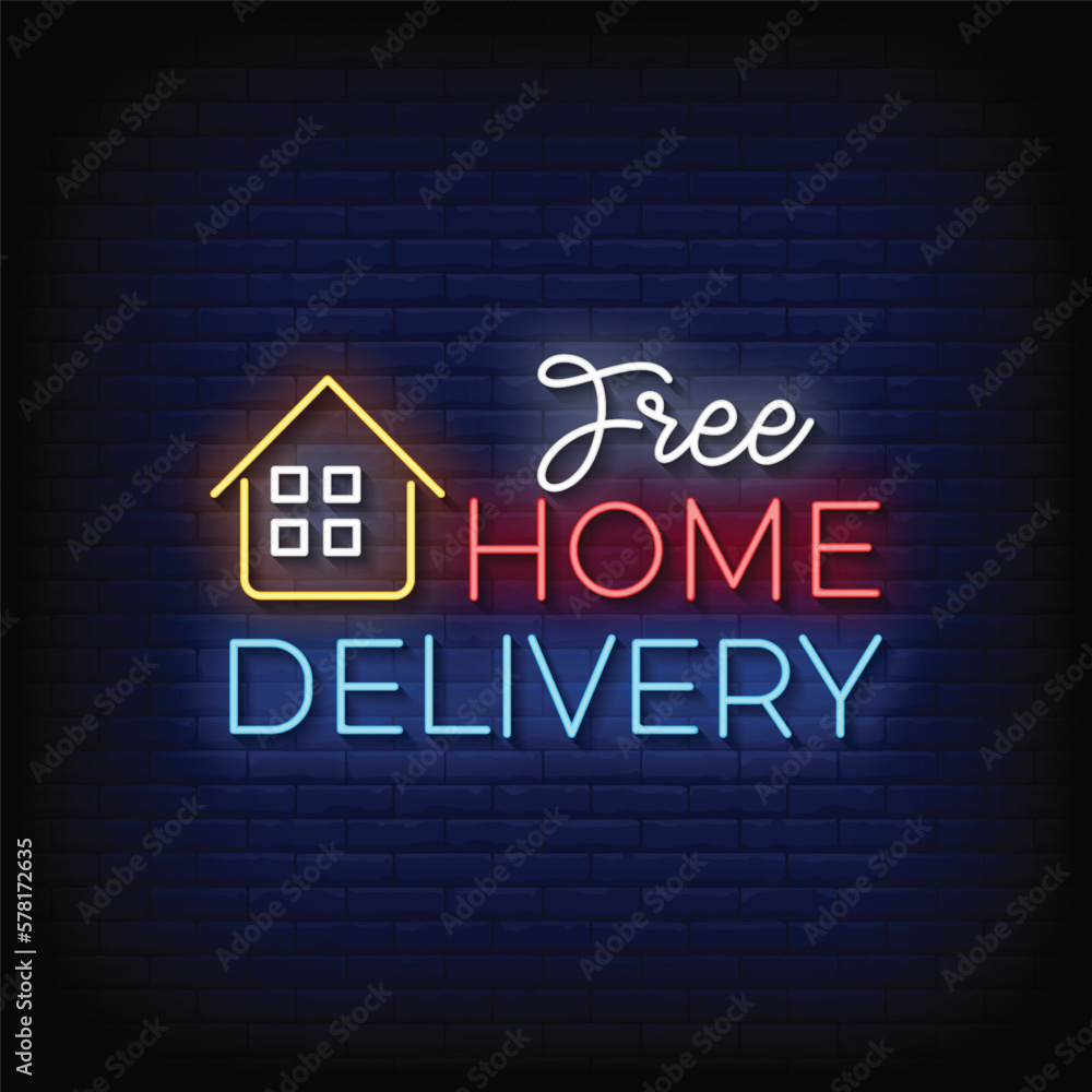 Obraz premium Neon Sign free home delivery with brick wall background vector