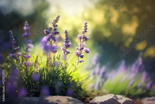 Lavender flowers purple field in a beautiful garden 