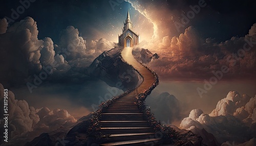 Photographie The stairs, the path leading up to the heavenly castle , Generated by Midjourney