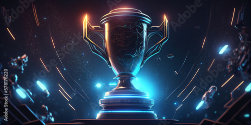 E-Sports winner trophy on futuristic view of night sky filled with advanced technology neon lights. Generative AI.