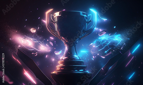 E-Sports winner trophy on futuristic view of night sky filled with advanced technology neon lights. Generative AI.