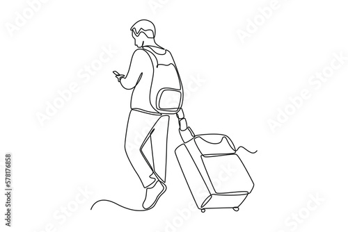 Continuous one line drawing happy boy travelling with suitcase. airport activities concept. Single line draw design vector graphic illustration.