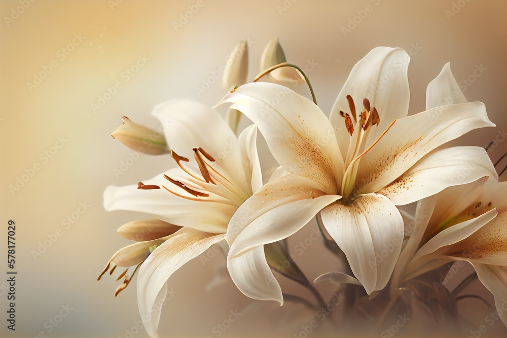 Fototapeta premium White Lillies, soft translucent, cream and beige background