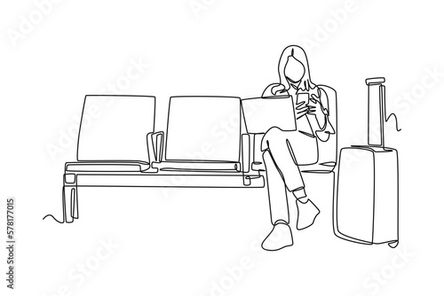 Continuous one line drawing Beautiful young woman waiting boarding on aircraft in airport lounge. airport activities concept. Single line draw design vector graphic illustration.