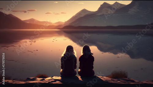 2 girls watching sunset over the lake in the mountains