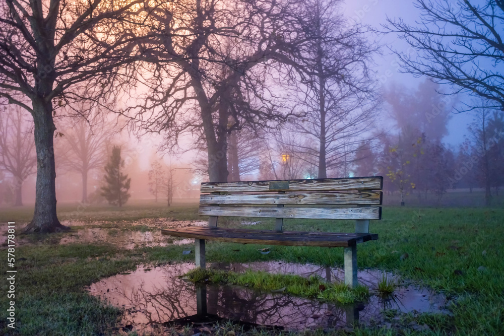 Peaceful park with a park bench for relaxing, on a beautiful and colorful misty morning during sunrise. Nature is a perfect place for solitude to clear the mind and calm the soul.
