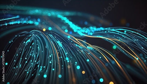 Fiber optic cable runs, data connections, connections, luminous elements created with generative ai technology