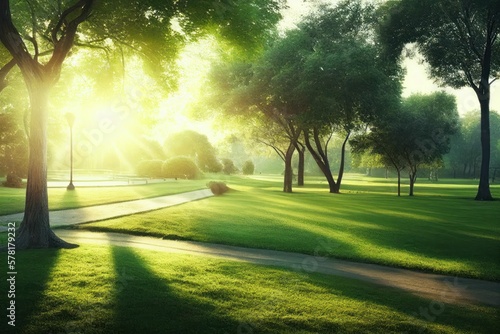 Murais de parede Beautiful public park with green grass field on morning light Created with Generative AI technology