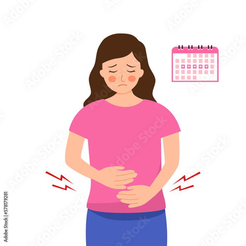 Woman having period pain concept vector illustration. Menstrual cycle calendar.