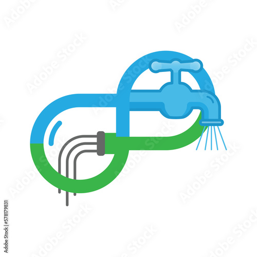 Running tap water and sewage pipe link together in shape of infinity symbol as a gimmick of water replenishment. Vector illustration outline flat design style.