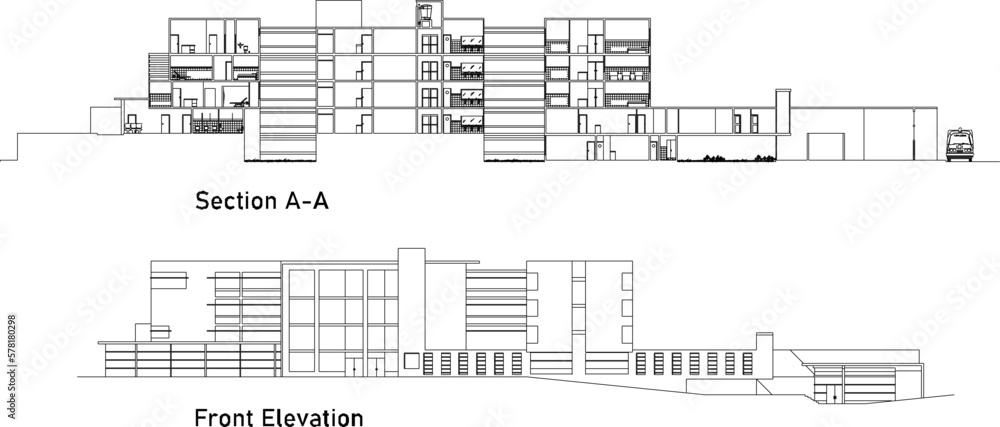 Vector illustration sketch of view and cut of a modern shopping mall building