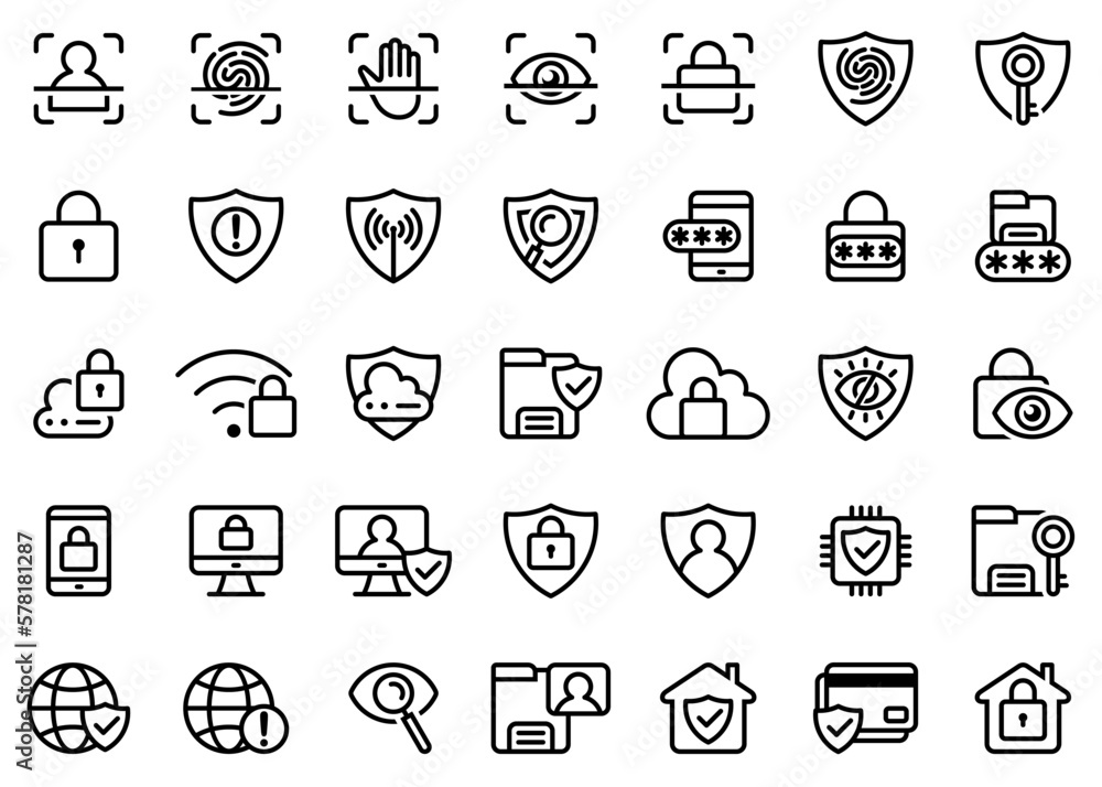 set of security icons vector. 35 security and protection line icons, fingerprint scanner, shield, password, padlock icon set of security icons vector. 35 security and protection line icons, fingerprint scanner, shield, password, padlock icon