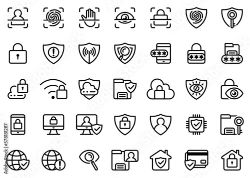 Fototapeta Naklejka Na Ścianę i Meble -  set of security icons vector. 35 security and protection line icons, fingerprint scanner, shield, password, padlock icon