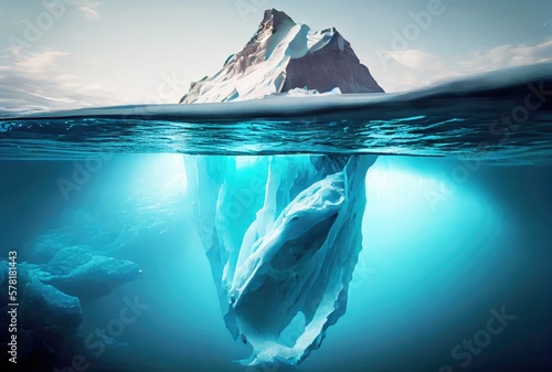 Big iceberg over the blue sea surface background. Landscape and business metaphor concept. Digital art illustration theme. Generative AI