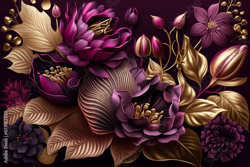 Fotografia 3D flowers and leaves background design in plum, fuchsia, pink, purple and gold