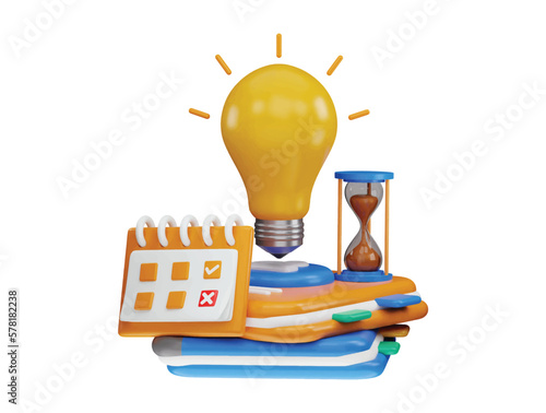 3d rendering books with light bulb and a hourglass on top and calendar