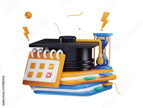 3d rendering books with a calendar and graduation cap on top of it and a hourglass on top