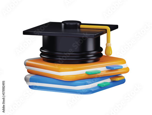 3d rendering stack of books with a graduation cap on top of it
