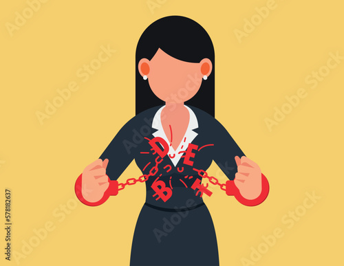 Business fetter and freedom concept. Business woman clenched his fist and broke the chain