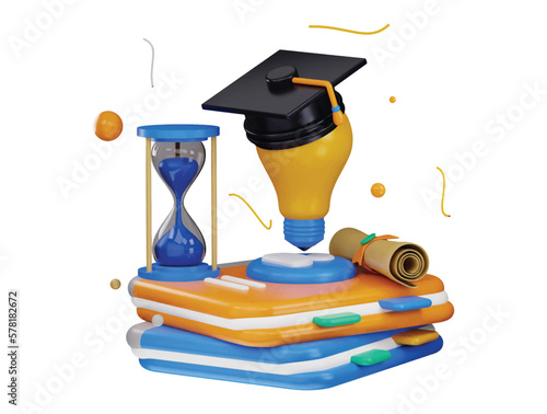 3d rendering blue and yellow school supplies with a clock with a graduation cap on it