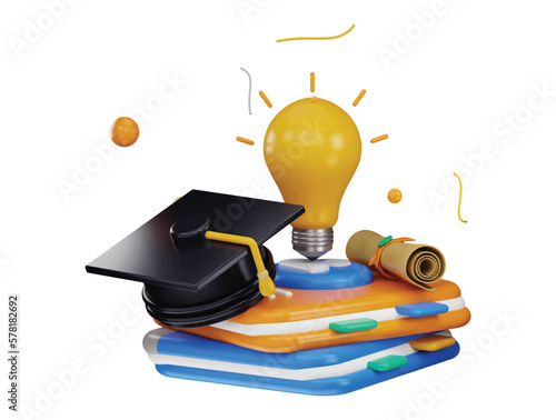 3d rendering blue and yellow school supplies with a clock with a graduation cap on it