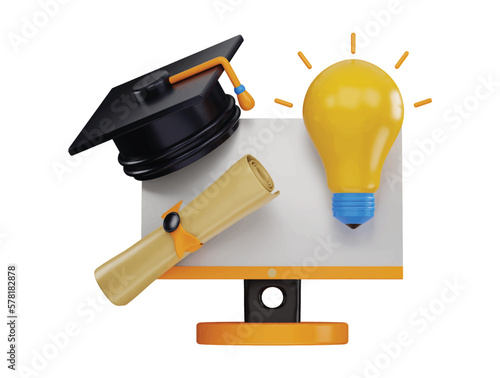 3d rendering computer monitor with a graduation cap and diploma certificate icon illustration