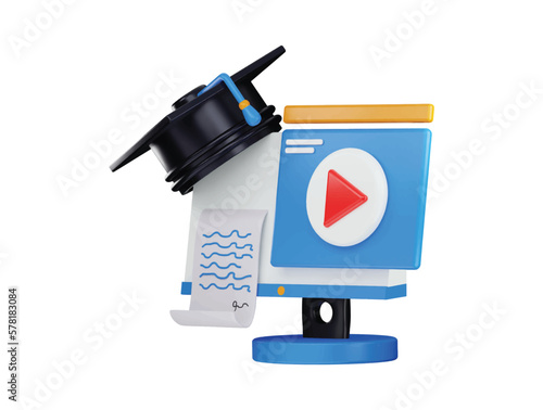3d rendering computer monitor with a graduation cap and video player icon illustration