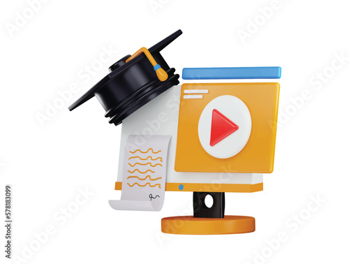 3d rendering computer monitor with a graduation cap and video player icon illustration