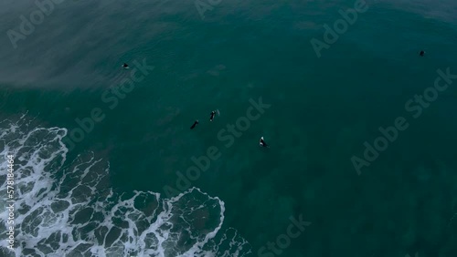 Aerial view of surfers sitting in the water photo