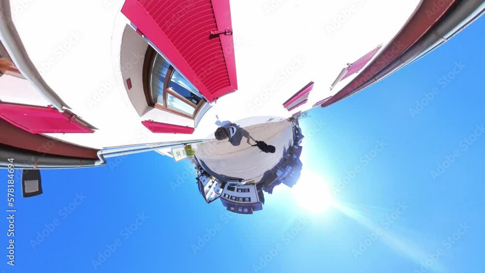 Little Tiny Planet 360 Small World View Of A Man Walking Through Urban Area in 4K Little Tiny Planet 360 Small World View Of A Man Walking Through Urban Area in 4K