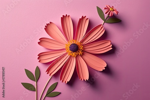 3d papercut pink colored cosmos flower with pink wall background photo