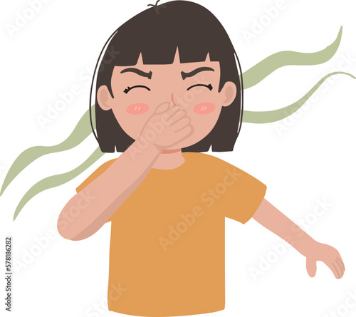 Cute pretty kid girl pinching and cover his nose smelling stinky feeling bad smell holding breath illustration