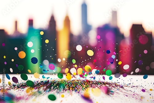 a close-up of colorful confetti on a white background, with a blurred city skyline in the background, created with generative ai photo