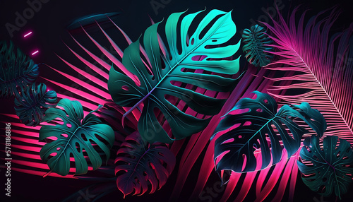 Stylized retro neon pink and teal colored Monstera leaves and palm fronds. Created using generative AI.