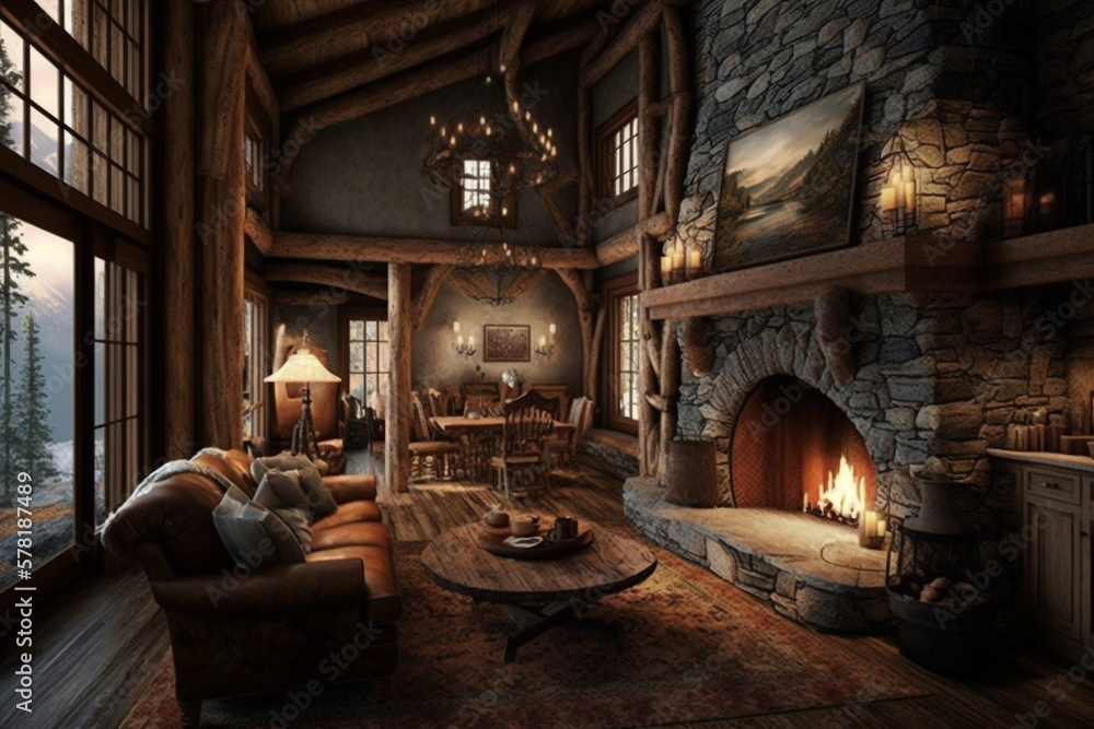 Rustic living room - a style that incorporates natural materials like wood and stone, often featuring a cozy fireplace and warm lighting to create a rustic, cabin-like atmosphere, Generative AI	