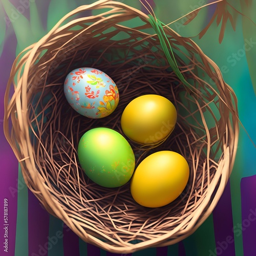 Easter eggs in a basket. 
Created using generative AI technics