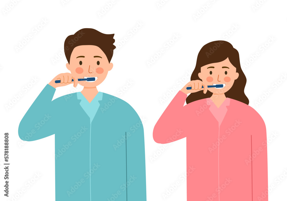 Young couple brushing teeth together in flat design on white background. Young couple brushing teeth together in flat design on white background.