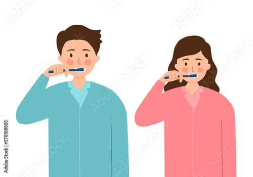 Young couple brushing teeth together in flat design on white background.