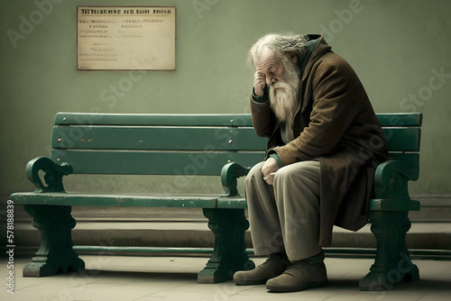 A very depressed man who lost his home, or his job, or his wife, partner or girlfriend, sitting  alone on a becnh in a cold day in a coat, being gloomy and teary. Illustration of depression and loss.  photo