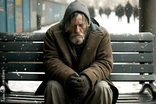 A very depressed man who lost his home, or his job, or his wife, partner or girlfriend, sitting  alone on a becnh in a cold day in a coat, being gloomy and teary. Illustration of depression and loss.  photo