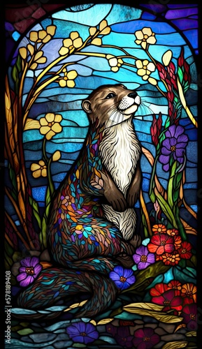 Artistic Beautiful Desginer Handcrafted Stained Glass Artwork of a Otter Animal in Art Nouveau Style with Vibrant and Bright Colors, Illuminated from Behind (generative AI)