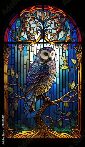 Artistic Beautiful Desginer Handcrafted Stained Glass Artwork of a Owl Animal in Art Nouveau Style with Vibrant and Bright Colors, Illuminated from Behind (generative AI)