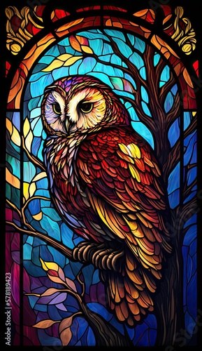 Artistic Beautiful Desginer Handcrafted Stained Glass Artwork of a Owl Animal in Art Nouveau Style with Vibrant and Bright Colors, Illuminated from Behind (generative AI)