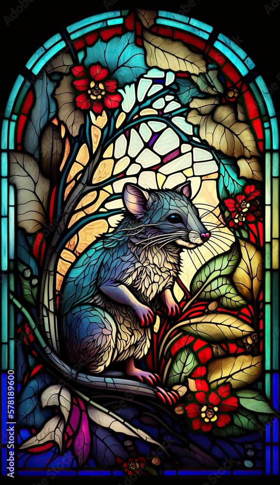 Artistic Beautiful Desginer Handcrafted Stained Glass Artwork of a Possum Animal in Art Nouveau Style with Vibrant and Bright Colors, Illuminated from Behind (generative AI)