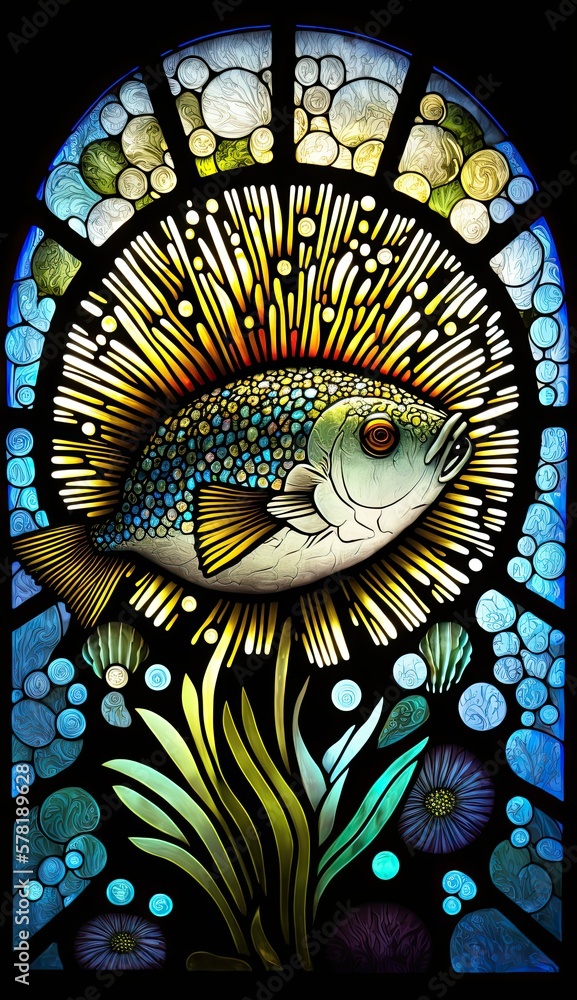 Artistic Beautiful Desginer Handcrafted Stained Glass Artwork of a pufferfish Animal in Art Nouveau Style with Vibrant and Bright Colors, Illuminated from Behind (generative AI)