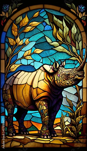 Artistic Beautiful Desginer Handcrafted Stained Glass Artwork of a Rhinoceros Animal in Art Nouveau Style with Vibrant and Bright Colors, Illuminated from Behind (generative AI)