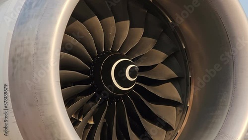 Blades of turbine engine airplane rotating,Industry aviation and transportation.
