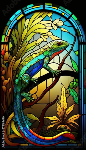 Artistic Beautiful Desginer Handcrafted Stained Glass Artwork of a Skink Animal in Art Nouveau Style with Vibrant and Bright Colors  Illuminated from Behind  generative AI 