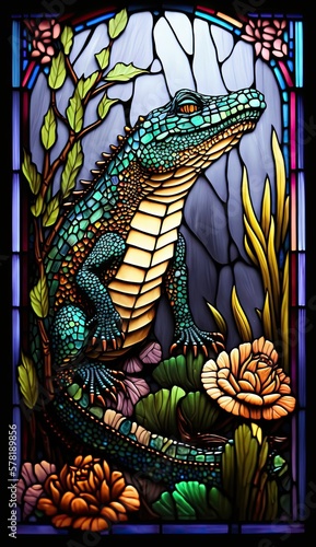 Artistic Beautiful Desginer Handcrafted Stained Glass Artwork of a Alligator Animal in Art Nouveau Style with Vibrant and Bright Colors  Illuminated from Behind  generative AI 